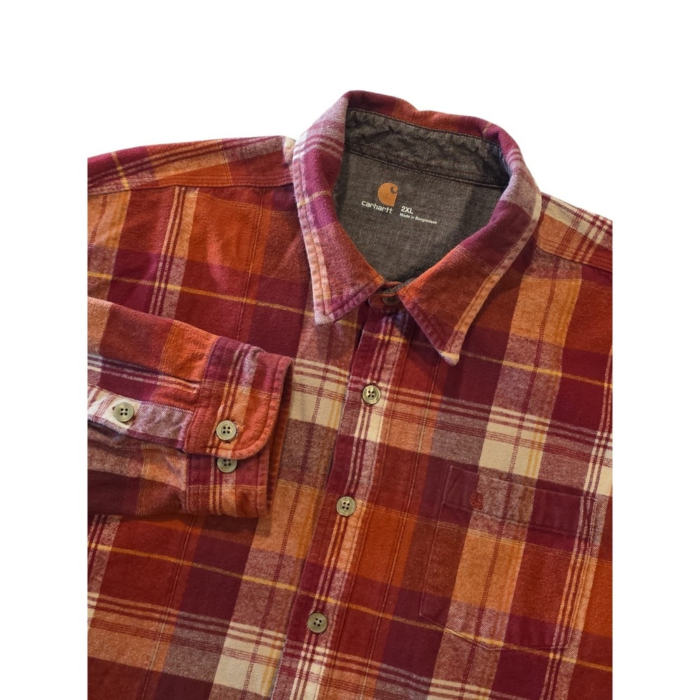 Carhartt Flannel Shirt Mens 2XL Plaid Red Orange Cotton Button Workwear